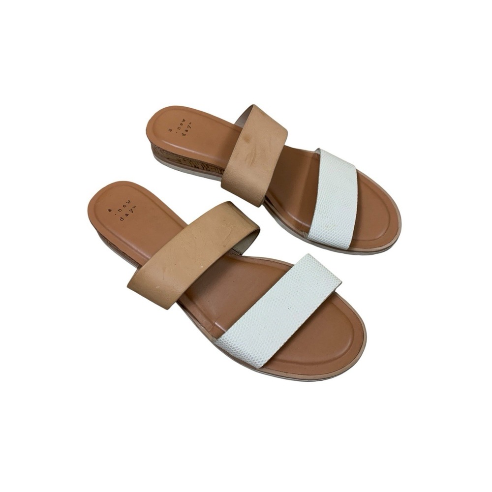 A‎ New Day Tan White Double Strap Slide Sandals Comfort Cork Platform Boho 10